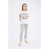 Defacto E2223 Pembe Kız Çocuk Garfield Pijama Takımı Kısa Kollu Üst Beli Lastikli Uzun Alt
