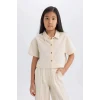 Defacto D9142 Bej Kız Çocuk Crop Keten Kısa Kollu Gömlek