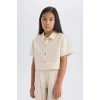 Defacto D9142 Bej Kız Çocuk Crop Keten Kısa Kollu Gömlek