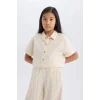 Defacto D9142 Bej Kız Çocuk Crop Keten Kısa Kollu Gömlek