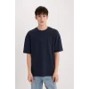 Defacto D5519 Lacivert Boxy Fit Bisiklet Yaka Baskılı Kısa Kollu Ağır Kumaş Tişört