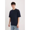 Defacto D5519 Lacivert Boxy Fit Bisiklet Yaka Baskılı Kısa Kollu Ağır Kumaş Tişört
