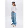 Defacto D9157 Mavi Kız Çocuk Wide Leg Geniş Paça Jean Pantolon