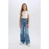 Defacto D7374 Mavi Kız Çocuk Wide Leg Yırtık Detaylı Geniş Paça Jean Pantolon