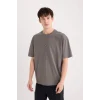 Defacto D9343 Gri Oversize Geniş Kalıp Bisiklet Yaka Sırt Baskılı Kısa Kollu Tişört