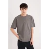 Defacto D9343 Gri Oversize Geniş Kalıp Bisiklet Yaka Sırt Baskılı Kısa Kollu Tişört