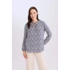 Defacto N1809 İndigo Regular Fit Apaş Yaka Desenli Uzun Kollu Bluz