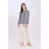 Defacto N1809 İndigo Regular Fit Apaş Yaka Desenli Uzun Kollu Bluz