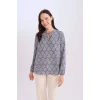 Defacto N1809 İndigo Regular Fit Apaş Yaka Desenli Uzun Kollu Bluz