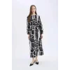 Defacto E5247 Siyah Regular Fit Bisiklet Yaka Desenli Kuşaklı Uzun Kollu Maxi Elbise