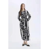 Defacto E5247 Siyah Regular Fit Bisiklet Yaka Desenli Kuşaklı Uzun Kollu Maxi Elbise