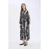 Defacto E5247 Siyah Regular Fit Bisiklet Yaka Desenli Kuşaklı Uzun Kollu Maxi Elbise