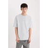 Defacto D9184 Gri Boxy Fit Bisiklet Yaka Baskılı Kısa Kollu Ağır Kumaş Tişört