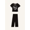 Defacto E0415 Siyah Kız Çocuk 2li Takım Fitilli Kaşkorse Baskılı Kısa kollu Tişört Wide Leg Geniş Bol Paça Pantolon