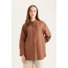 Defacto E1757 Kahve Relax Fit Hakim Yaka Basic Düz Uzun Kollu Gömlek Tunik