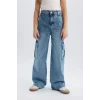 Defacto D7089 Mavi Kız Çocuk Wide Leg Kargo Geniş Bol Paça Pamuklu Jean Pantolon