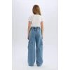 Defacto D7089 Mavi Kız Çocuk Wide Leg Kargo Geniş Bol Paça Pamuklu Jean Pantolon