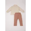 Defacto E2013 Bej Erkek Bebek 2li Takım Müslin Uzun Kollu Gömlek Beli Lastikli Alt