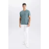 Defacto M6608 Yeşil Slim Fit Dar Kesim Bisiklet Yaka Basic Düz Kısa Kollu Tişört