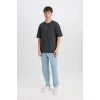 Defacto D5494 Antrasit Boxy Fit Bisiklet Yaka Baskılı Kısa Kollu Ağır Kumaş Tişört