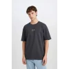 Defacto D5494 Antrasit Boxy Fit Bisiklet Yaka Baskılı Kısa Kollu Ağır Kumaş Tişört