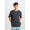 Defacto D5494 Antrasit Boxy Fit Bisiklet Yaka Baskılı Kısa Kollu Ağır Kumaş Tişört