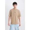 Defacto D5619 Bej One Piece Boxy Fit Bisiklet Yaka Sırt Baskılı Kısa Kollu Tişört