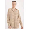 Defacto T0609 Bej Loose Fit Gömlek Yaka Desenli Uzun Kollu Gömlek Tunik