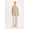 Defacto T0609 Bej Loose Fit Gömlek Yaka Desenli Uzun Kollu Gömlek Tunik