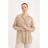 Defacto T0609 Bej Loose Fit Gömlek Yaka Desenli Uzun Kollu Gömlek Tunik