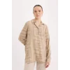 Defacto T0609 Bej Loose Fit Gömlek Yaka Desenli Uzun Kollu Gömlek Tunik