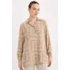 Defacto T0609 Bej Loose Fit Gömlek Yaka Desenli Uzun Kollu Gömlek Tunik