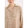 Defacto T0609 Bej Loose Fit Gömlek Yaka Desenli Uzun Kollu Gömlek Tunik