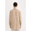 Defacto T0609 Bej Loose Fit Gömlek Yaka Desenli Uzun Kollu Gömlek Tunik
