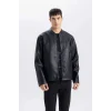 Defacto D8525 Siyah Su İtici Slim Fit Dar Kesim Dik Yaka Fermuarlı Suni Deri Mont