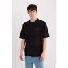 Defacto D5507 Siyah Boxy Fit Bisiklet Yaka Baskılı Kısa Kollu Ağır Kumaş Tişört