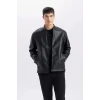 Defacto D8525 Siyah Su İtici Slim Fit Dar Kesim Dik Yaka Fermuarlı Suni Deri Mont