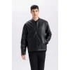 Defacto D8525 Siyah Su İtici Slim Fit Dar Kesim Dik Yaka Fermuarlı Suni Deri Mont