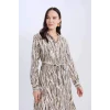 Defacto E0784 Ekru Regular Fit Desenli V Yaka Kuşaklı Uzun Kollu Maxi Elbise