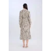 Defacto E0784 Ekru Regular Fit Desenli V Yaka Kuşaklı Uzun Kollu Maxi Elbise