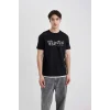 Defacto B8483 Siyah Regular Fit Bisiklet Yaka Baskılı Kısa Kollu Tişört