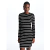 LCW Vision SİYAH Bisiklet Yaka Çizgili Uzun Kollu Kadın Elbise