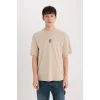 Defacto E1486 Bej Boxy Fit Bisiklet Yaka Sırt Baskılı Kısa Kollu Tişört