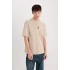 Defacto E1486 Bej Boxy Fit Bisiklet Yaka Sırt Baskılı Kısa Kollu Tişört