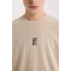 Defacto E1486 Bej Boxy Fit Bisiklet Yaka Sırt Baskılı Kısa Kollu Tişört