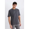 Defacto D6948 Antrasit Boxy Fit Bisiklet Yaka Sırt Baskılı Kısa Kollu Tişört