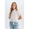 Defacto D7643 Mavi Kız Çocuk Crop Desenli Bağlama Detaylı Kısa Kollu Gömlek