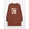 LCWAIKIKI Basic KAHVERENGİ Bisiklet Yaka Baskılı Uzun Kollu Oversize Kadın Sweatshirt Tunik