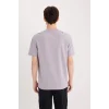 Defacto D5514 Mor Regular Fit Bisiklet Yaka Baskılı Kısa Kollu Ağır Kumaş Tişört