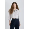 Defacto C5026 Gri Oversize Geniş Kalıp Crop Poplin Uzun Kollu Gömlek
